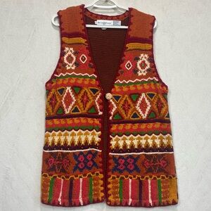Vtg The Eagle's Eye 1994 Hand Knit Cardigan Sweater Vest Sz L Southwestern Aztec